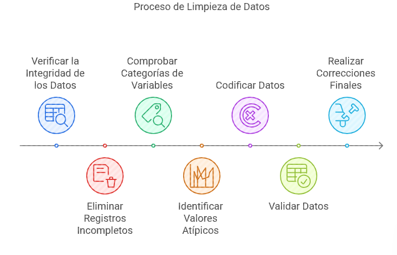 Ilustración 9: Fases de la limpieza de bases de datos - Fuente: Imagen elaborada con Napkin.IA. (19 de enero de 2025)