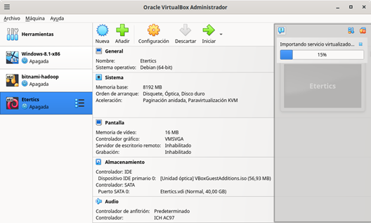 Figura 4: Avance de la importación del servicio virtualizado Lububio