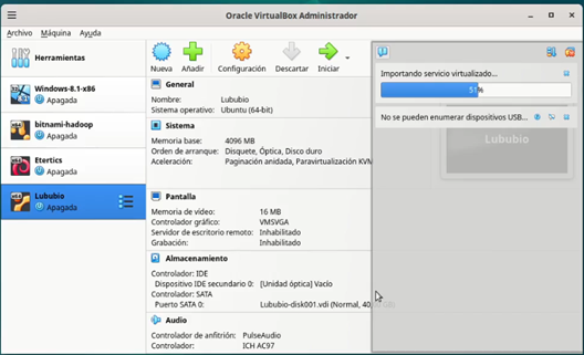 Figura 8: Avance de la importación del servicio virtualizado Debian 12
