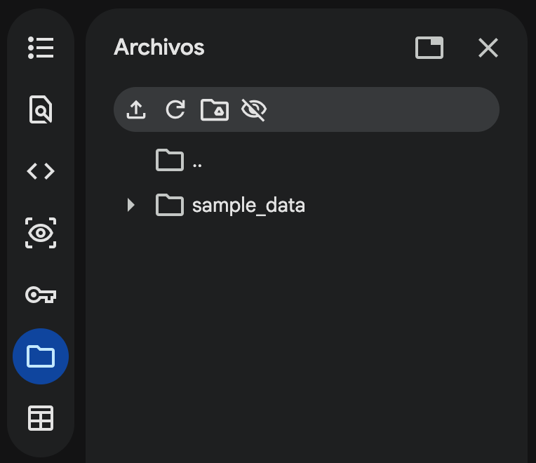 Vista del explorador de archivos en Google Colab