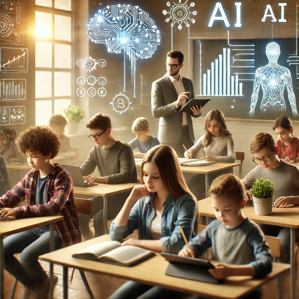 OpenAI. (2024). Imagen realista de estudiantes interactuando con herramientas educativas impulsadas por IA [Imagen]. En ChatGPT. Recuperado de /mnt/data/A_realistic_image_depicting_students_in_a_classroo.png.