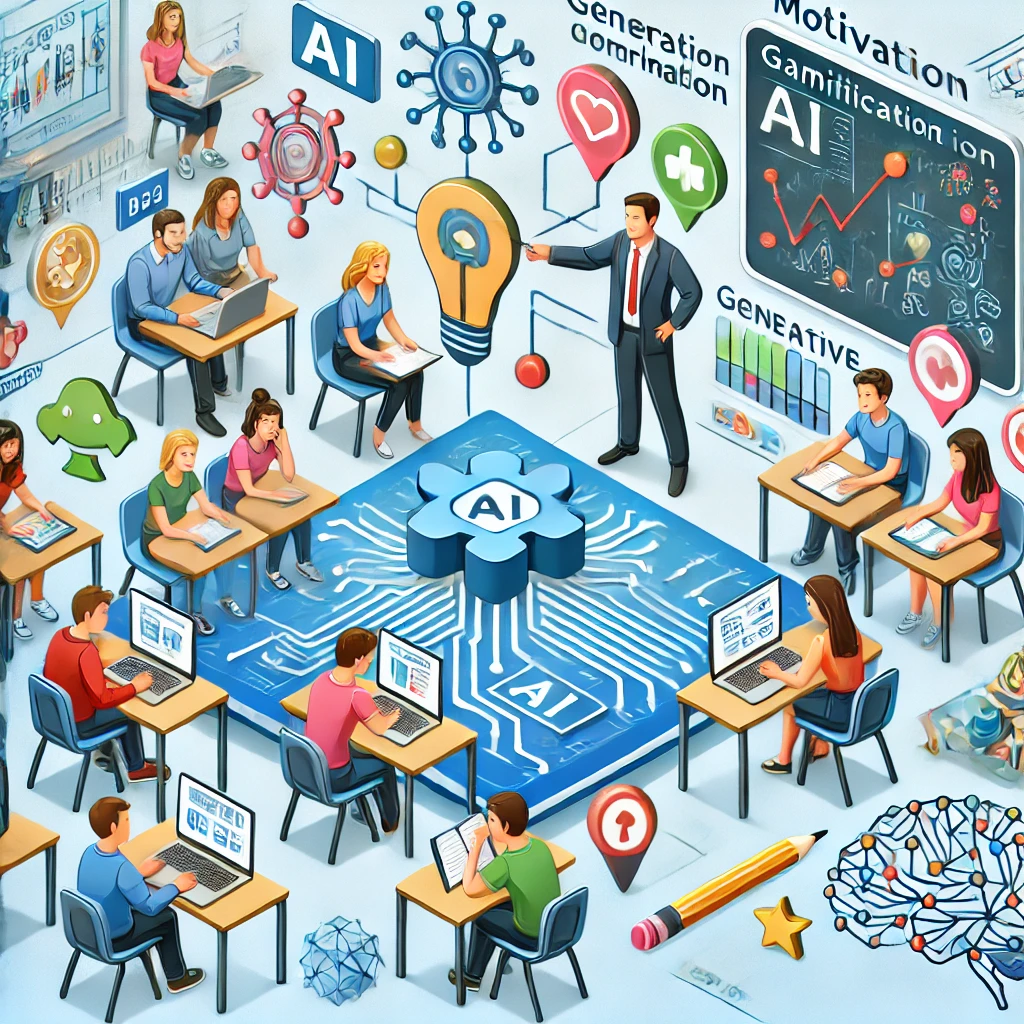 OpenAI. (2024). Ilustración sobre gamificación y motivación mediante modelos generativos en educación [Imagen]. En ChatGPT. Recuperado de /mnt/data/An_educational_illustration_representing_gamificat.png